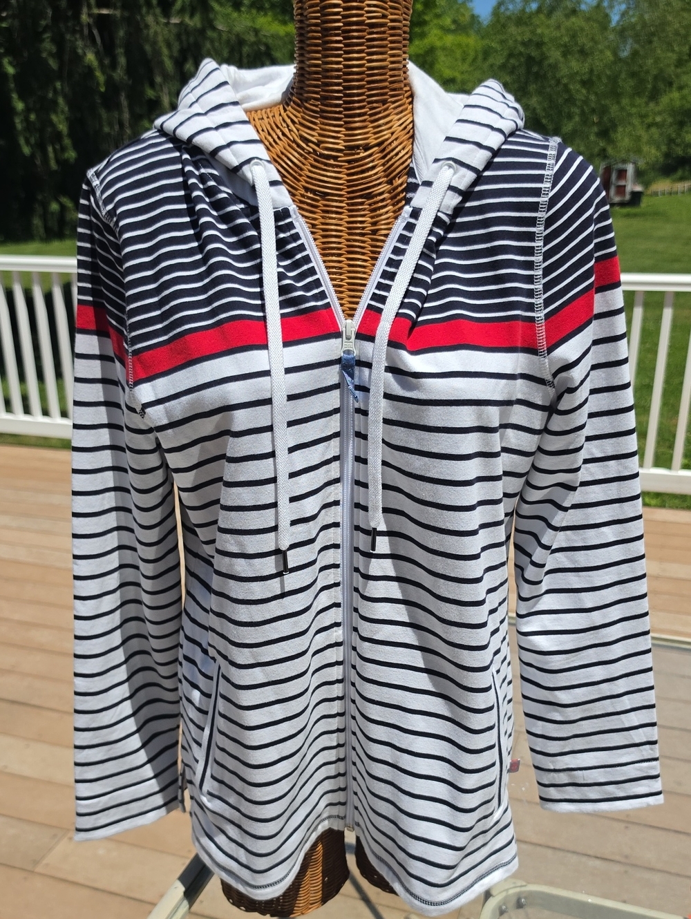 NWT T by Talbots White Navy Striped Zip Hoodie with Red Accent Size Large